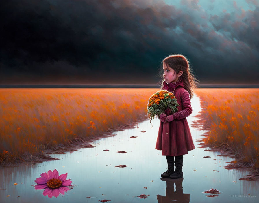 Young girl in surreal field with flowers and stormy horizon.