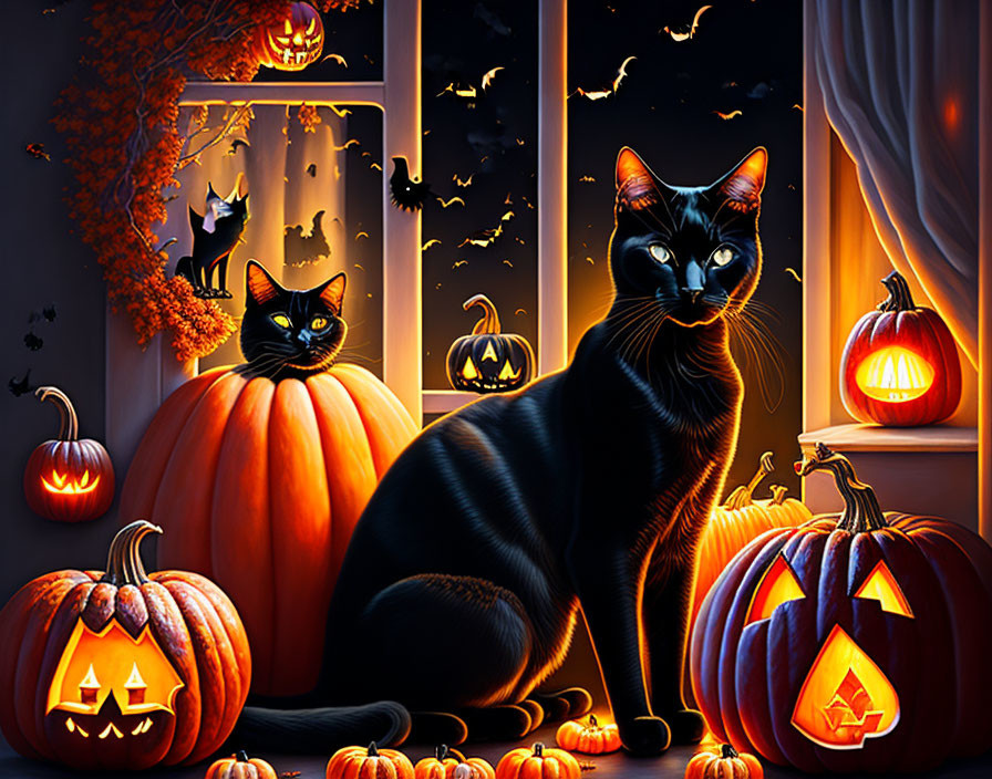 Two black cats with pumpkins and moon in Halloween image