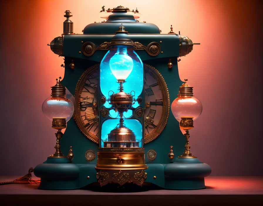 Ornate Vintage-Style Clock with Blue Glowing Chamber