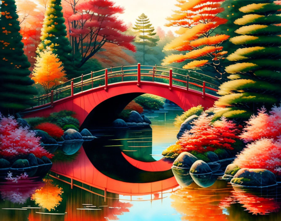 Serene park scene with red bridge over calm river