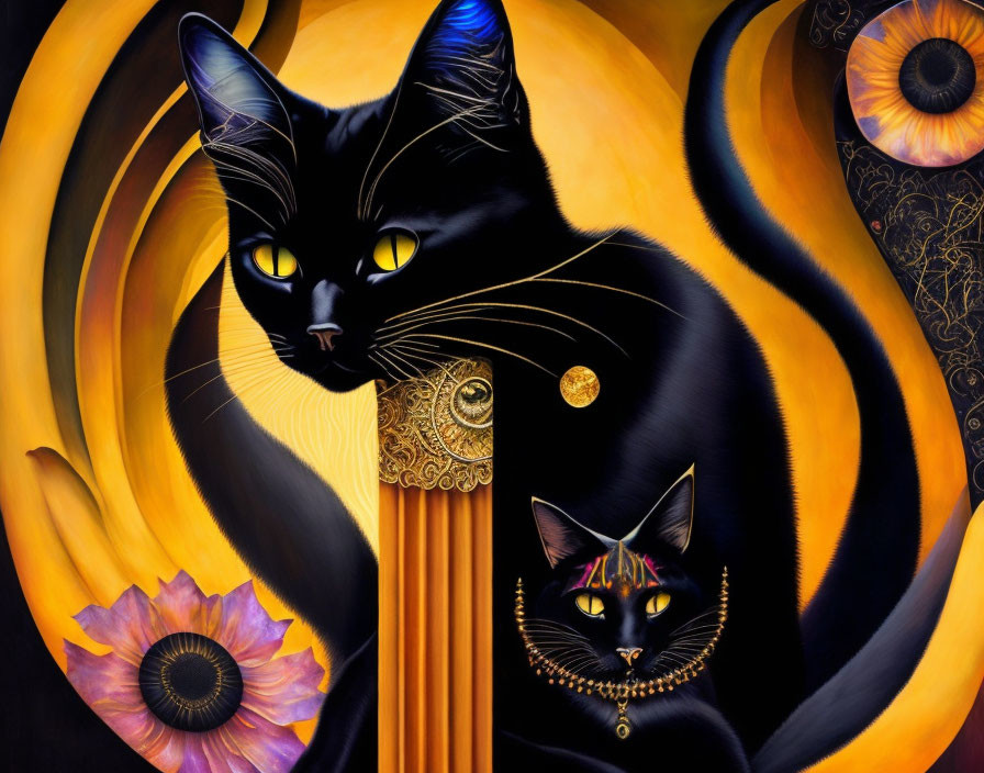 Colorful Artwork: Two Black Cats with Yellow Eyes on Swirly Patterns and Flowers