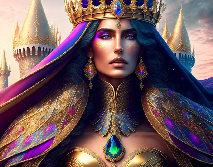 Regal Queen Illustration in Golden Armor and Crown