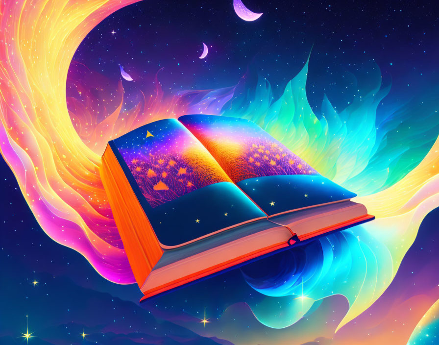 Cosmic illustrations on open book with vibrant celestial backdrop