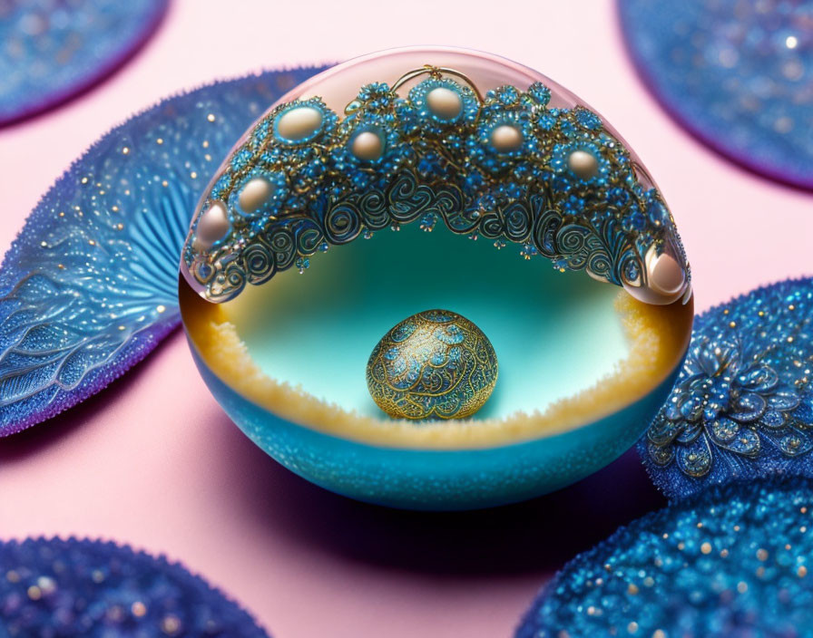 Colorful close-up of blue and gold fractal-patterned sphere on pink surface