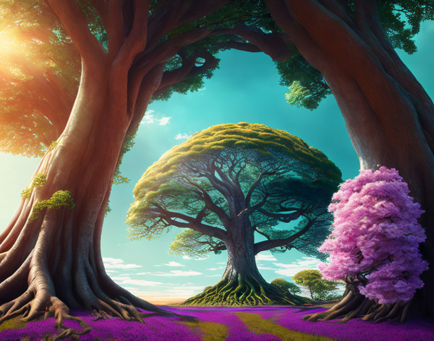 Mystical forest scene with twisted trees, green canopy, and purple flowers