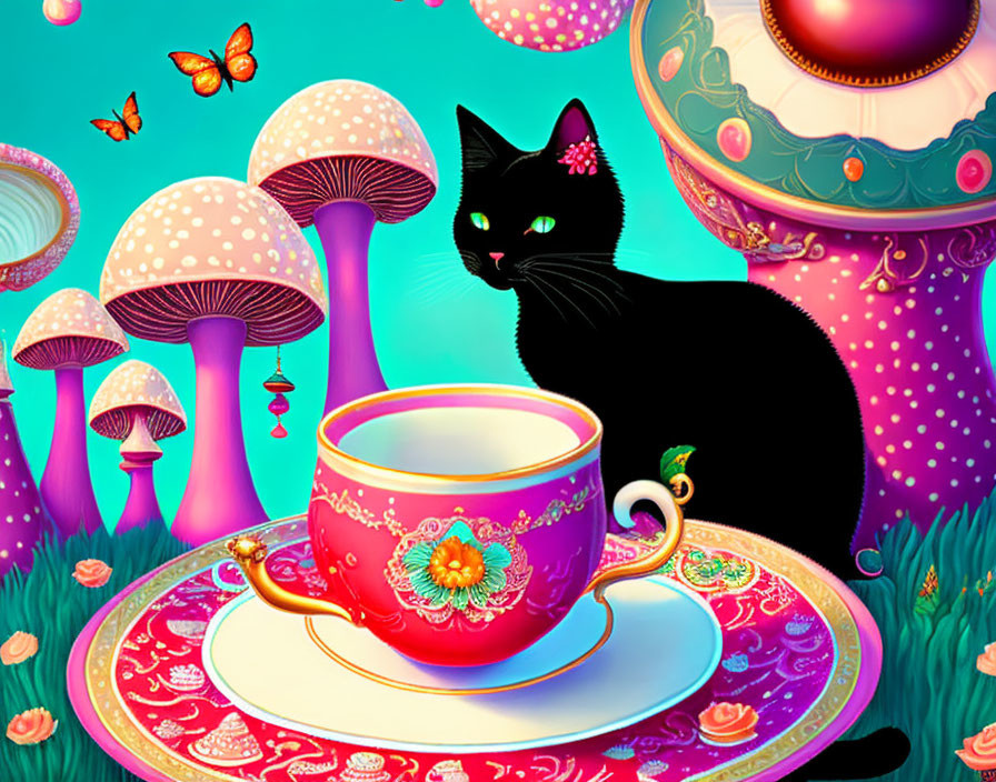 Fantasy illustration: Black cat, pink tea cup, mushrooms, butterflies, flowers