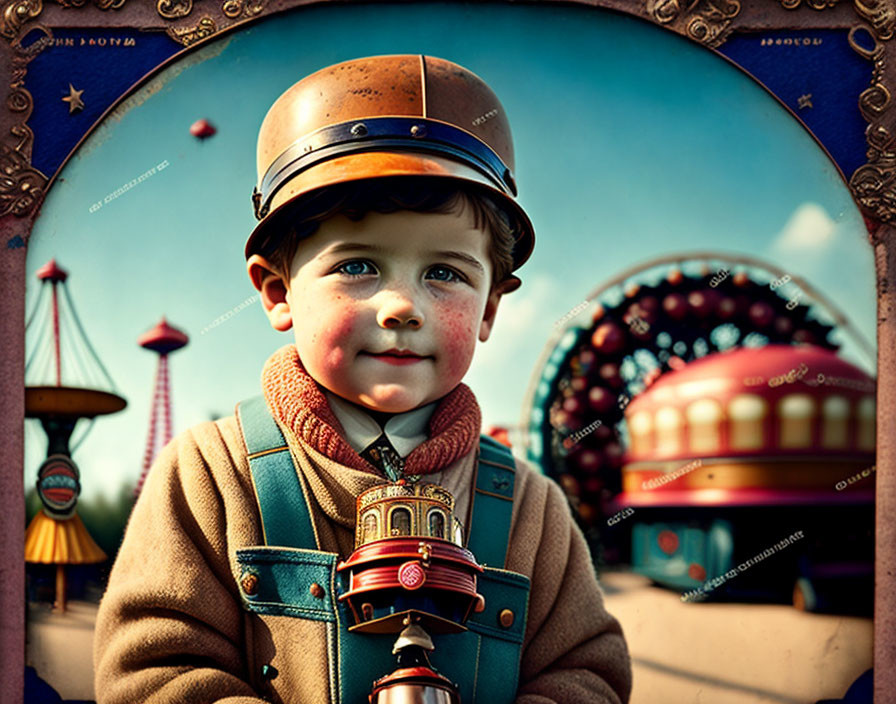 Vintage helmet boy with toy rocket in whimsical carnival setting