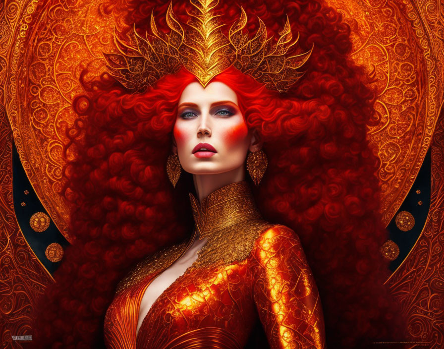 Vibrant digital portrait: woman with red hair, blue eyes, gold attire, regal aura