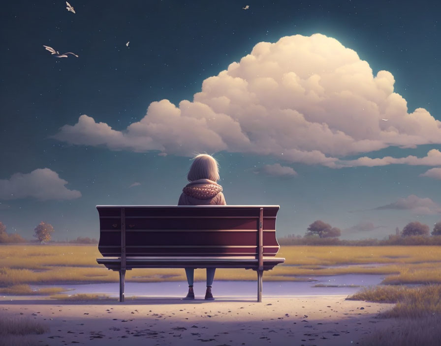 Solitary figure on park bench at twilight overlooking vast field under luminous cloud with birds flying overhead.