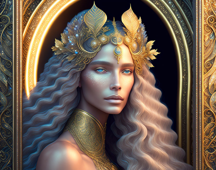 Fantasy portrait of woman with golden headdress and blue gems