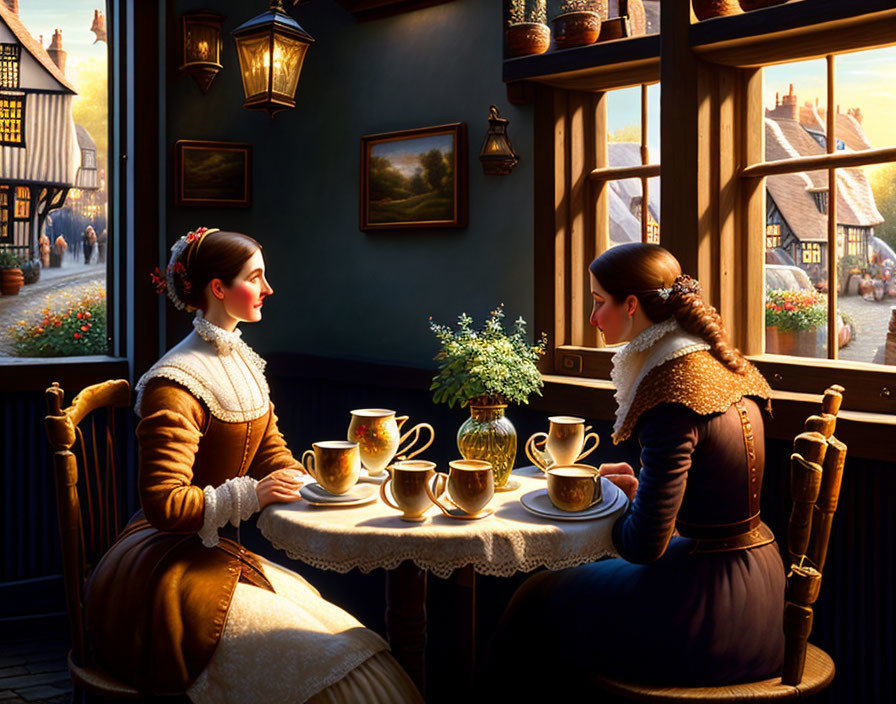 Vintage Attired Women Chatting Over Tea in Quaint Village Setting