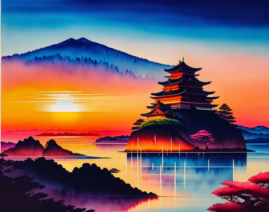 Japanese Pagoda at Sunset with Mount Fuji Silhouette, Reflective Water, and Red Foliage