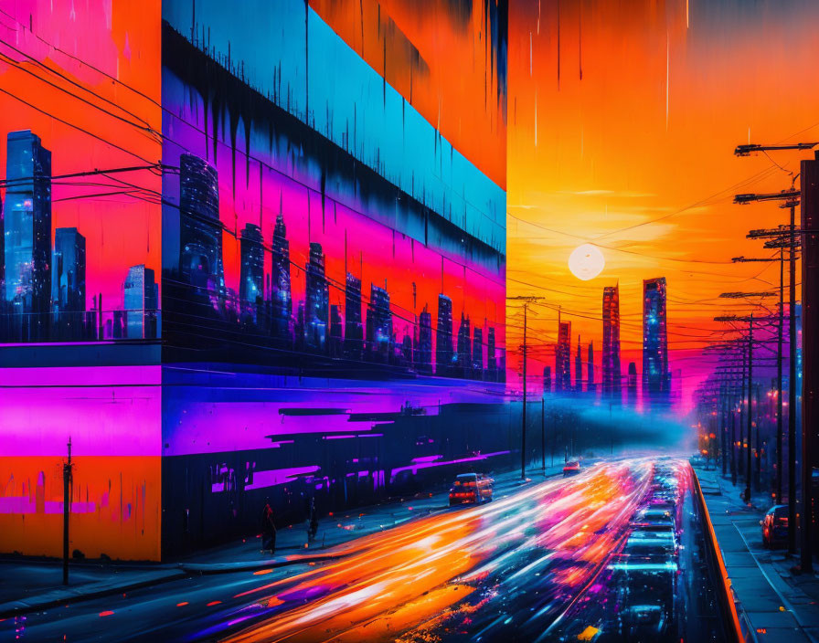 Digitally altered cityscape at dusk with vibrant colors and dynamic street traffic