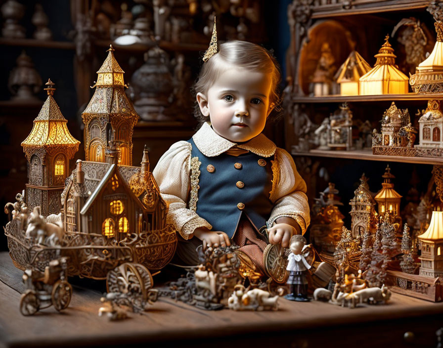 Toddler playing with wooden castle and figurines in vintage setting