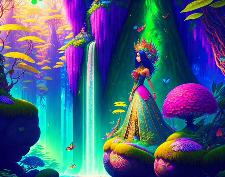 Colorful Fantasy Illustration: Woman in Elaborate Headdress in Vibrant Forest