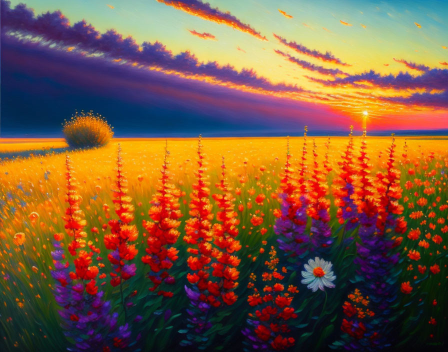 Colorful Field of Red and Purple Flowers at Sunset