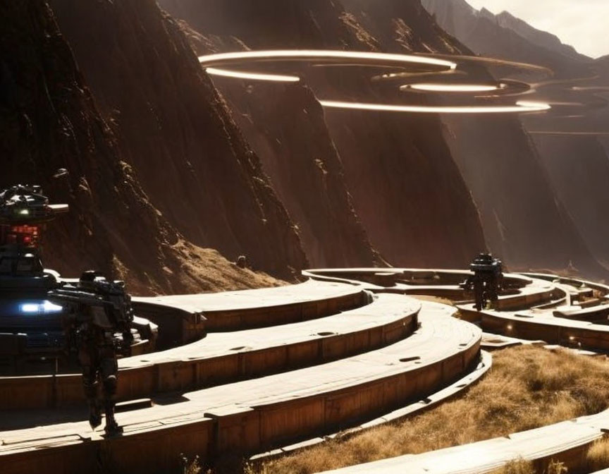 Futuristic soldier in armor patrols rocky mountain road with hovering ringed structures