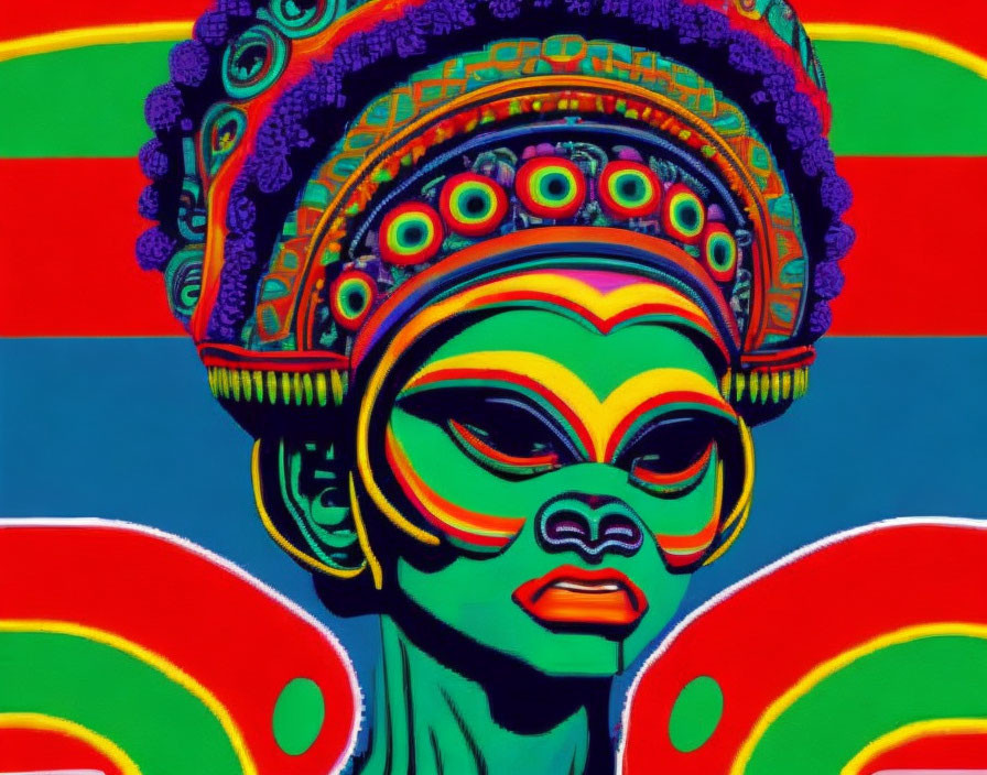 Colorful portrait of stylized figure with elaborate headdress against bold backdrop