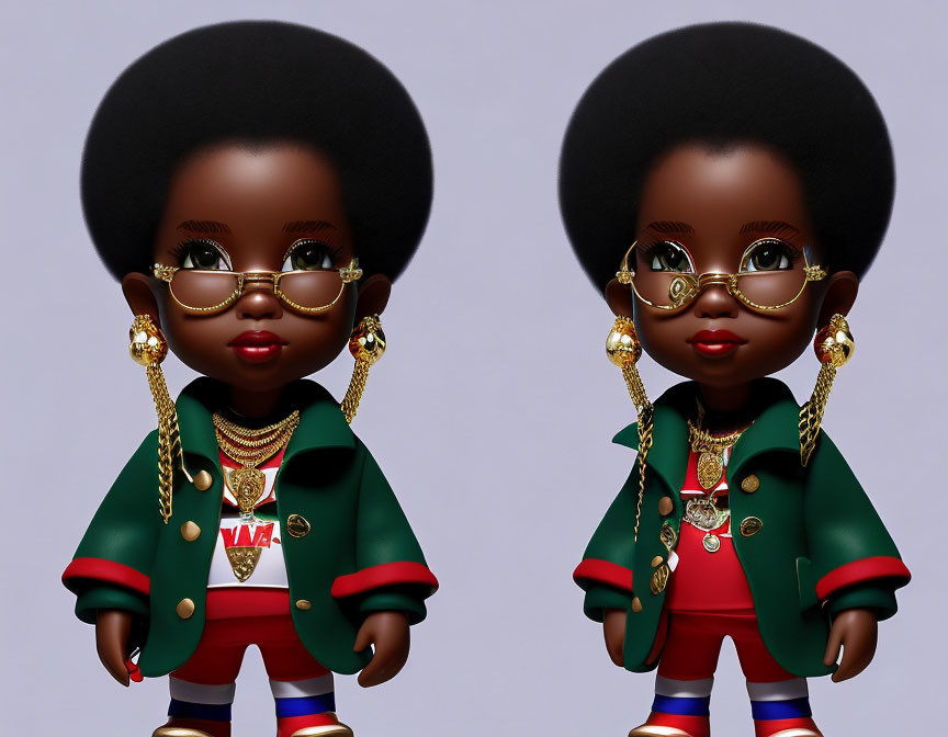 Stylish animated character with afro, glasses, gold jewelry, and green jacket