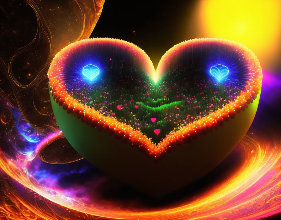 Colorful 3D digital art: Glowing heart with fractal patterns & cosmic elements