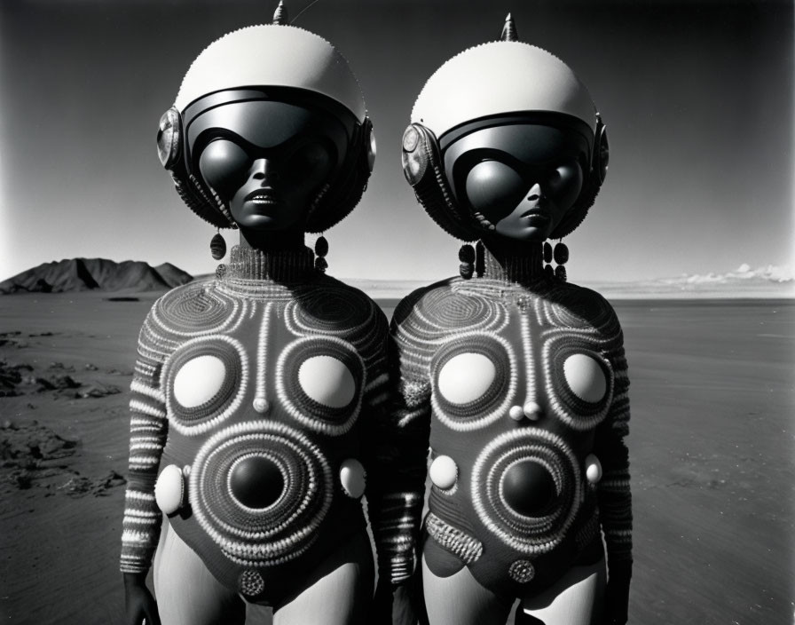 Futuristic humanoid figures in patterned bodysuits and oversized helmets in desert landscape