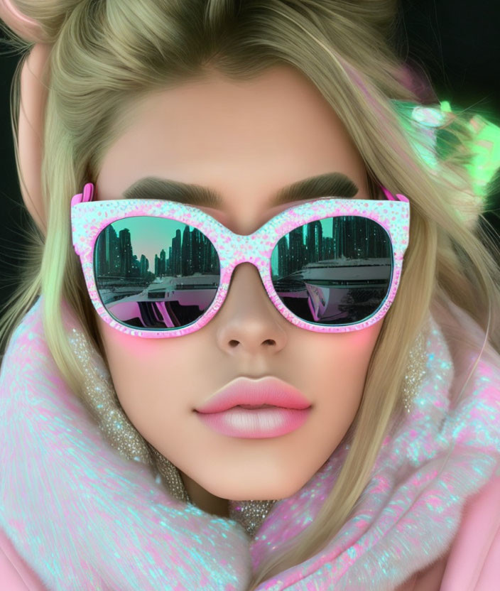 Blonde Woman in Pink Sunglasses Reflecting Cityscape