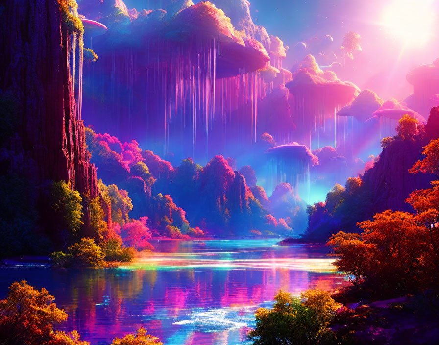 Fantastical landscape with luminous waterfalls and neon foliage