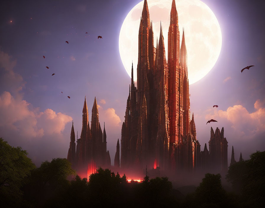 Fantasy castle with towering spires under full moon and reddish glow, birds in dusky sky