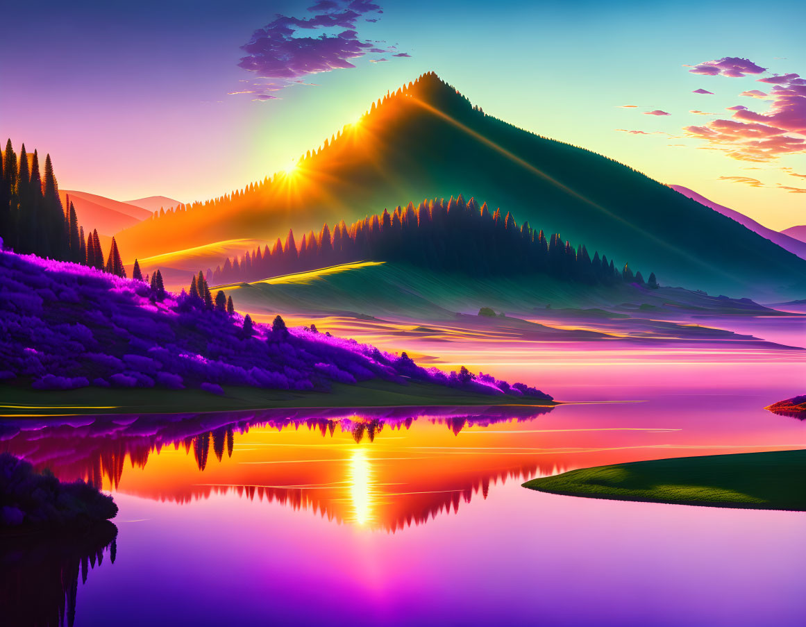 Surreal landscape digital art: mirrored lake, colorful sunset, mountain backdrop