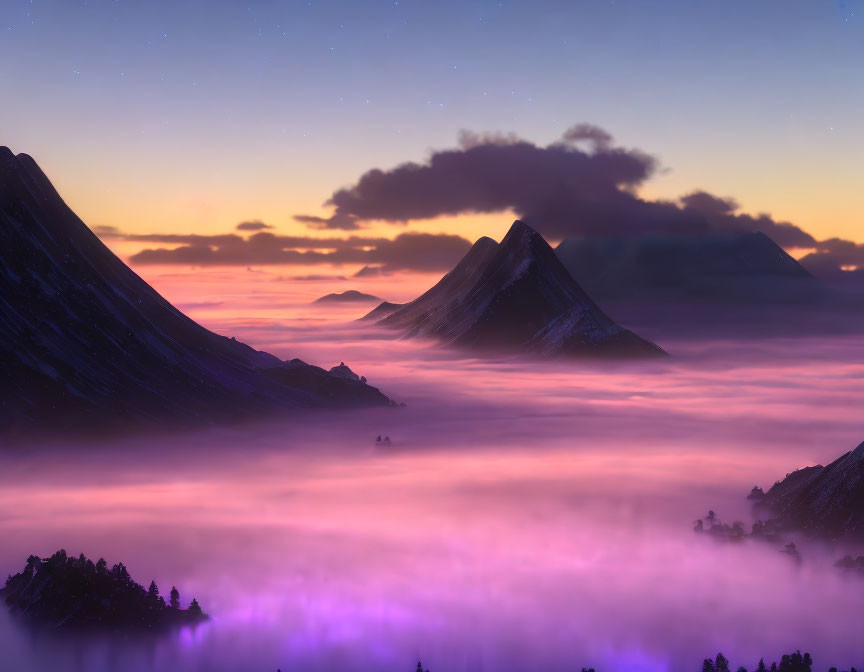 Purple Mist Over Mountain Valley at Twilight