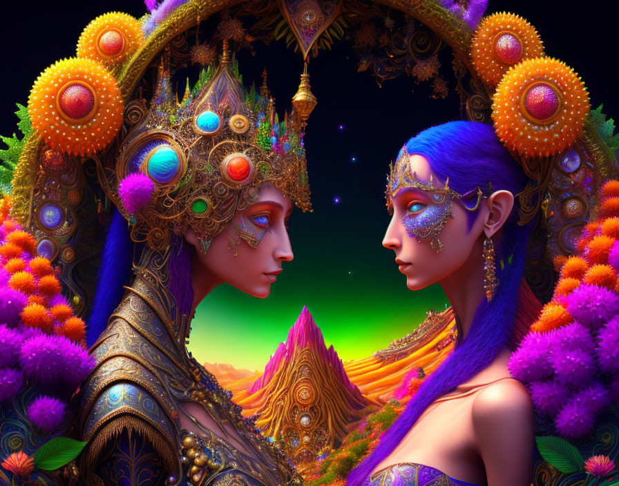 Fantasy figures in ornate attire against vibrant sunset landscape