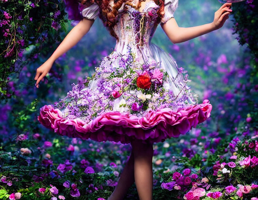 Person twirling in whimsical dress in lush, purple garden full of flowers