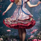 Person twirling in whimsical dress in lush, purple garden full of flowers