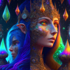 Vibrant elf-like characters with elaborate headpieces and detailed armor on colorful background