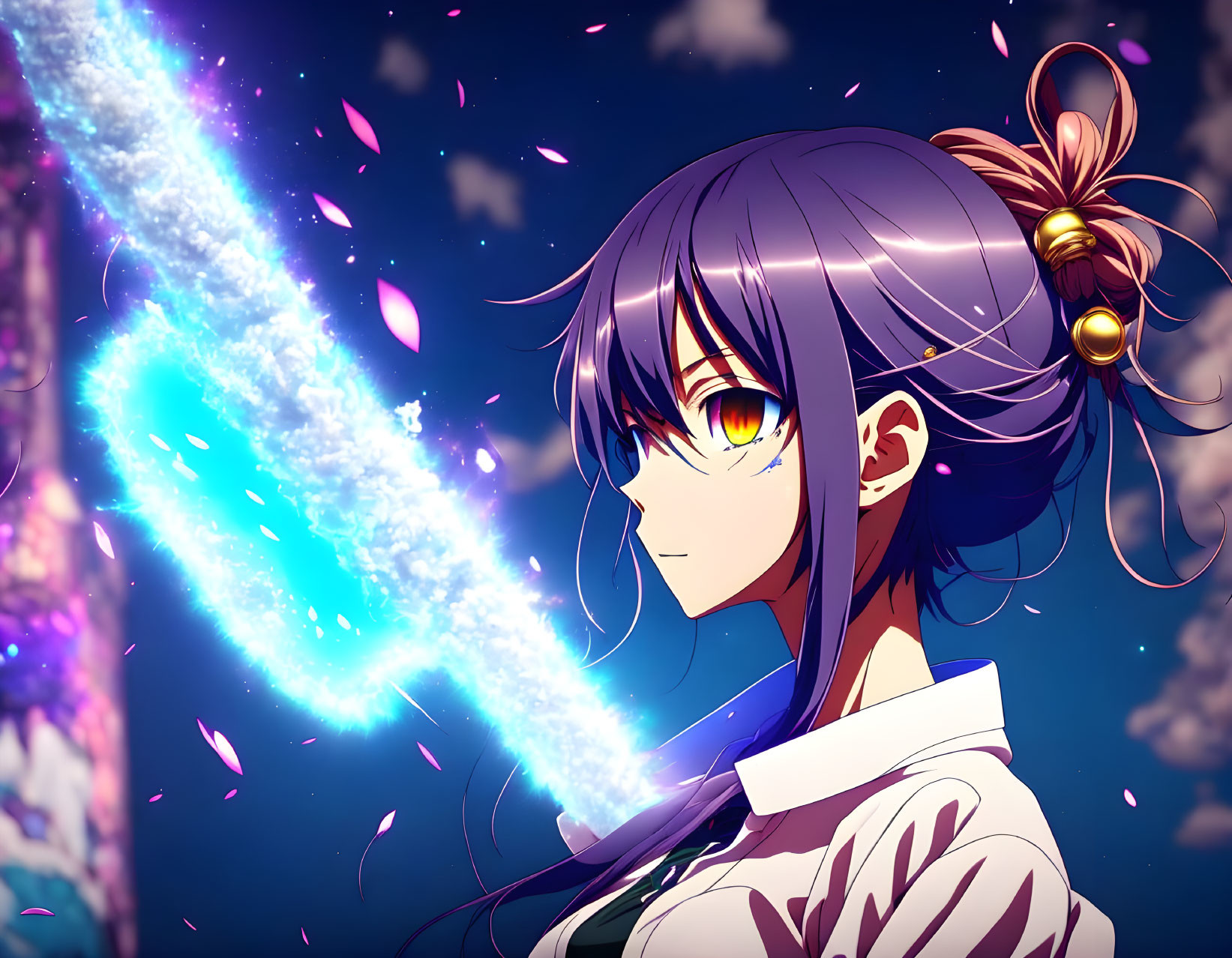 Anime girl with purple hair in side ponytail and yellow eyes against starry night sky