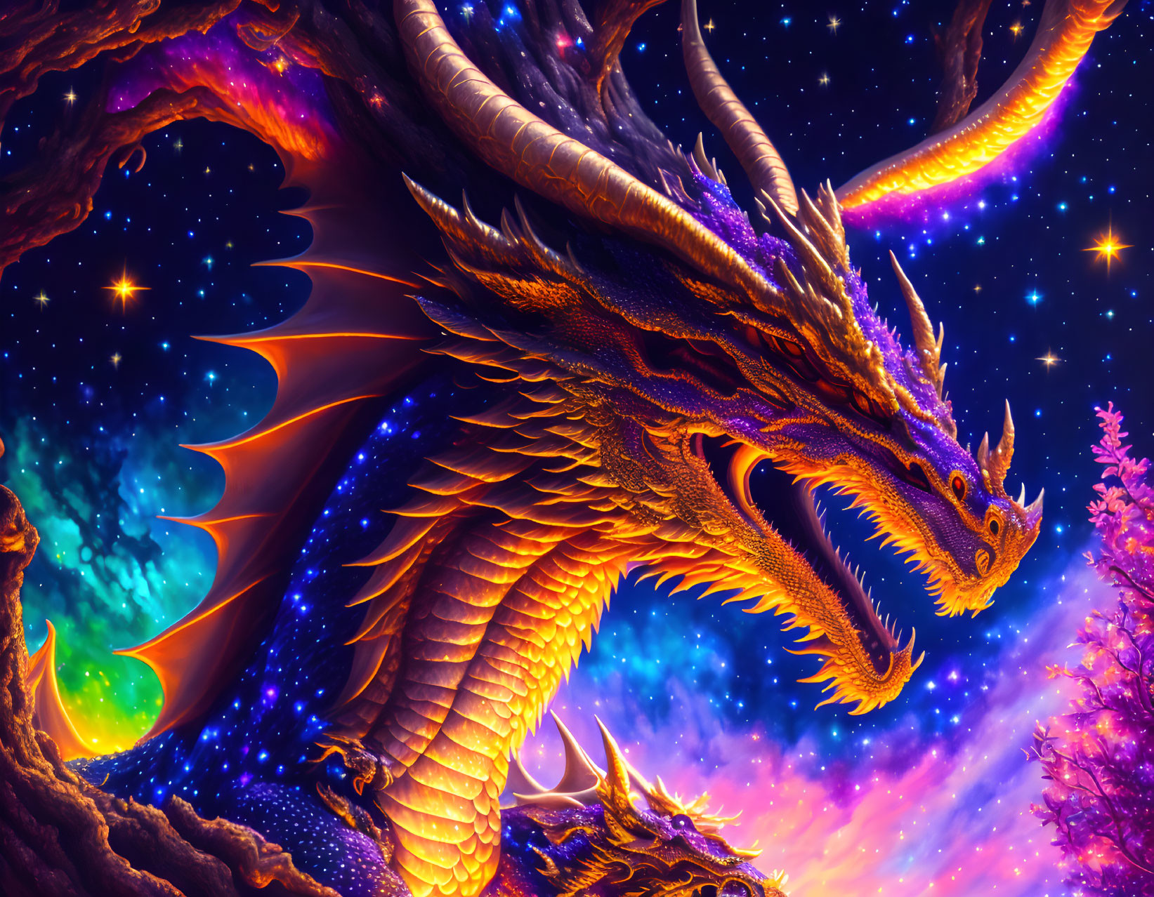 Golden dragon flying in cosmic sky with glowing scales amid nebulas & stars