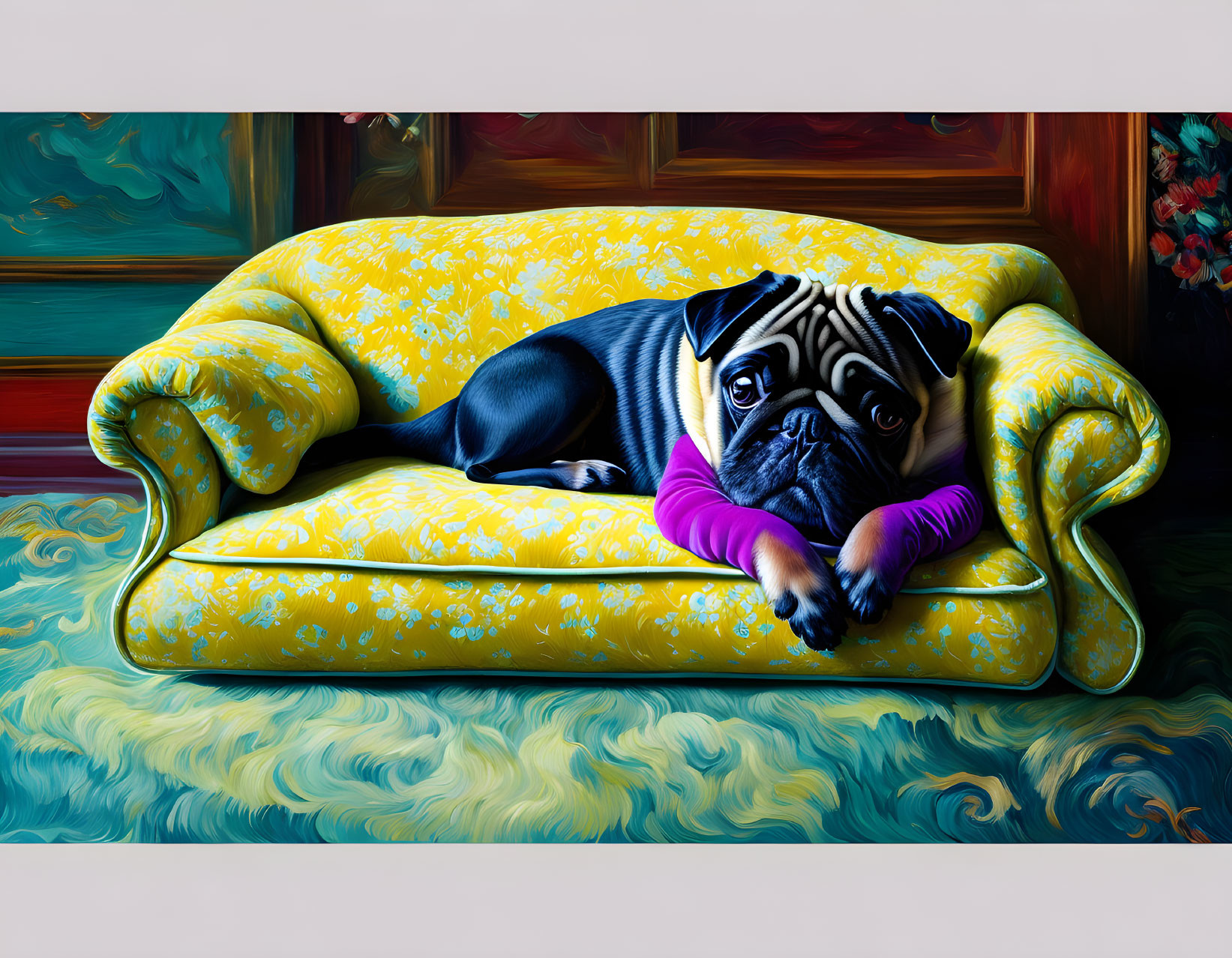 Pug resting on yellow floral-patterned couch with pink pillow