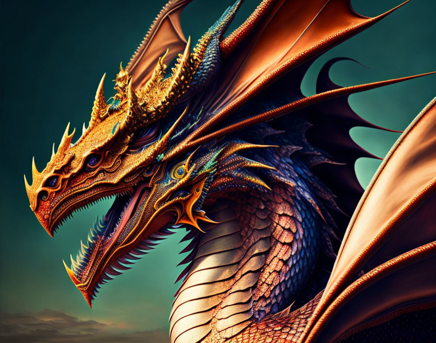 Detailed multi-headed dragon with sharp horns, scales, and large wings on teal background