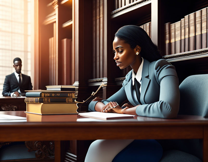 Professional woman taking notes in courtroom with law books and male figure in background