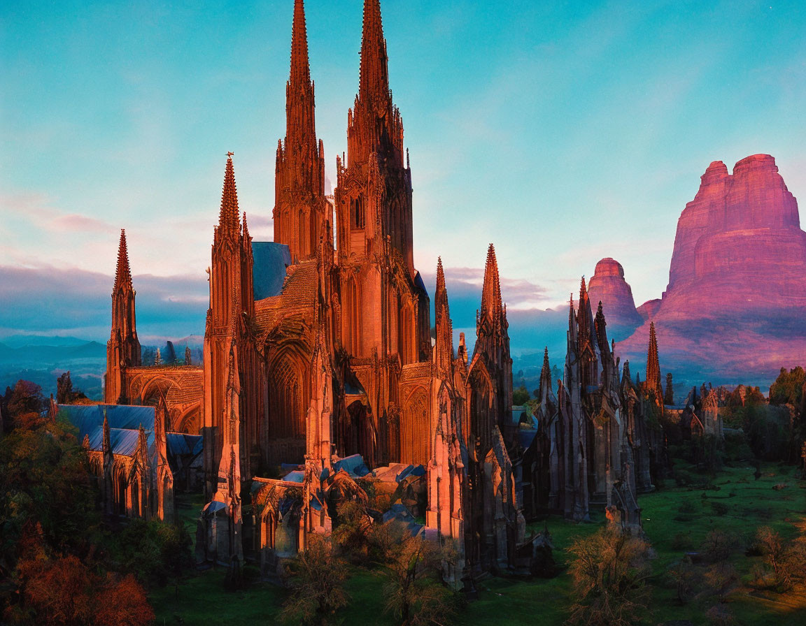 Gothic cathedral at sunset with spires and mountain backdrop