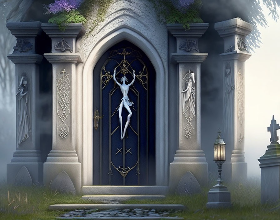 Mystical mausoleum with angel statue and foggy graves