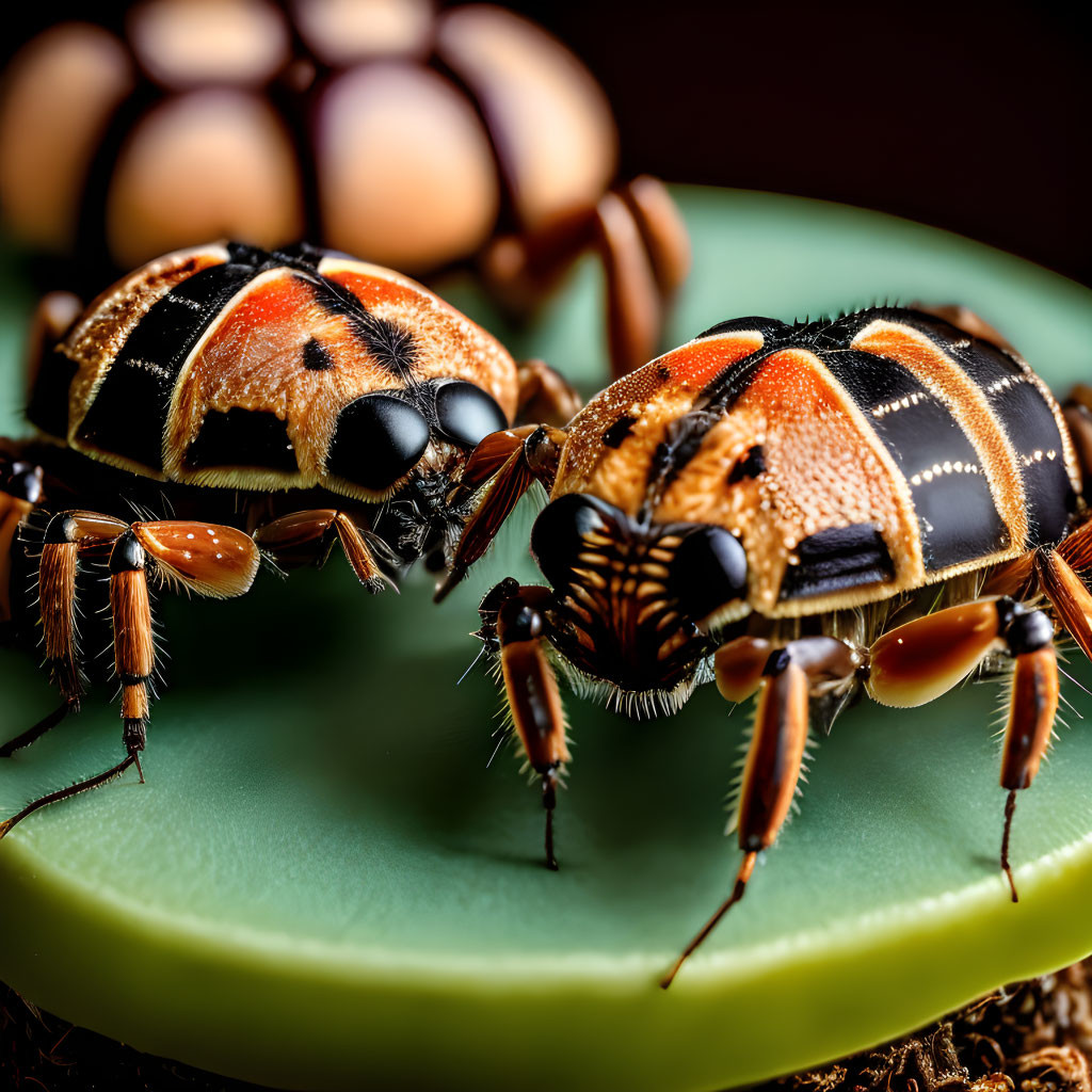 Colorful Striped Beetles on Green Surface with Fine Hairs