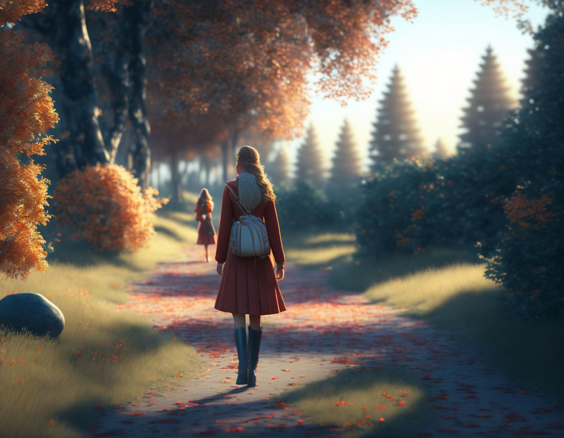 Woman walking in autumn forest with golden sunlight and figure ahead