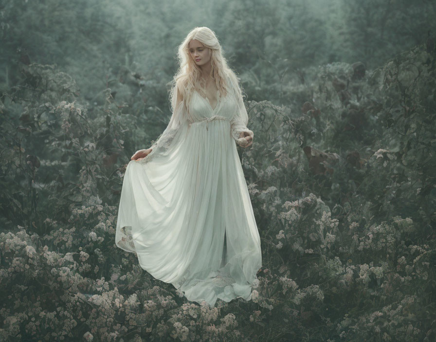 Woman in white dress surrounded by misty blooming shrubs