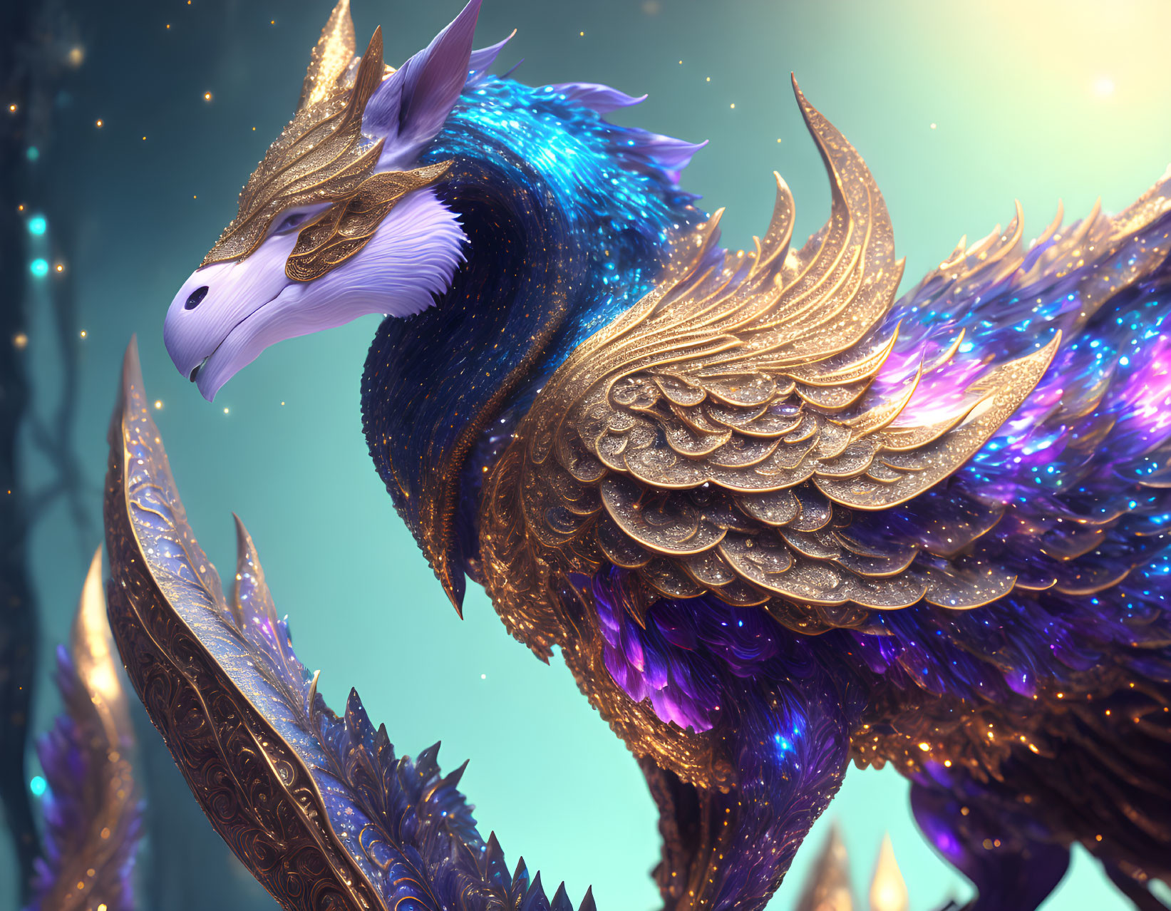 Majestic fantastical creature with blue and purple feathers and golden embellishments