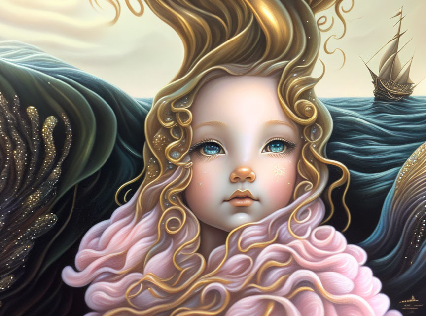 Surreal portrait of child with ocean wave hair and ship at sea