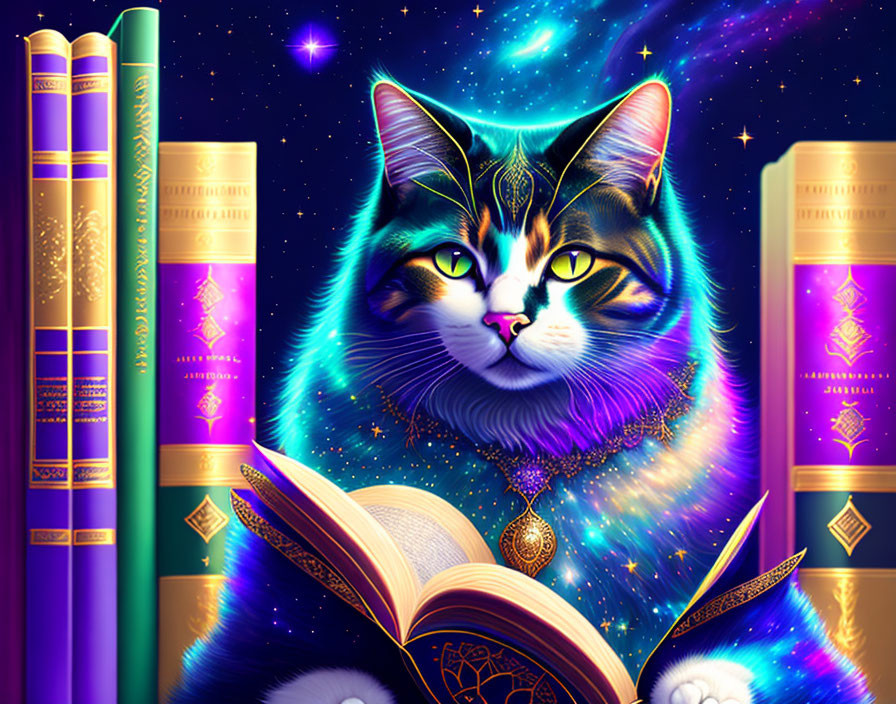 Colorful cosmic cat artwork with star background and mystical books.