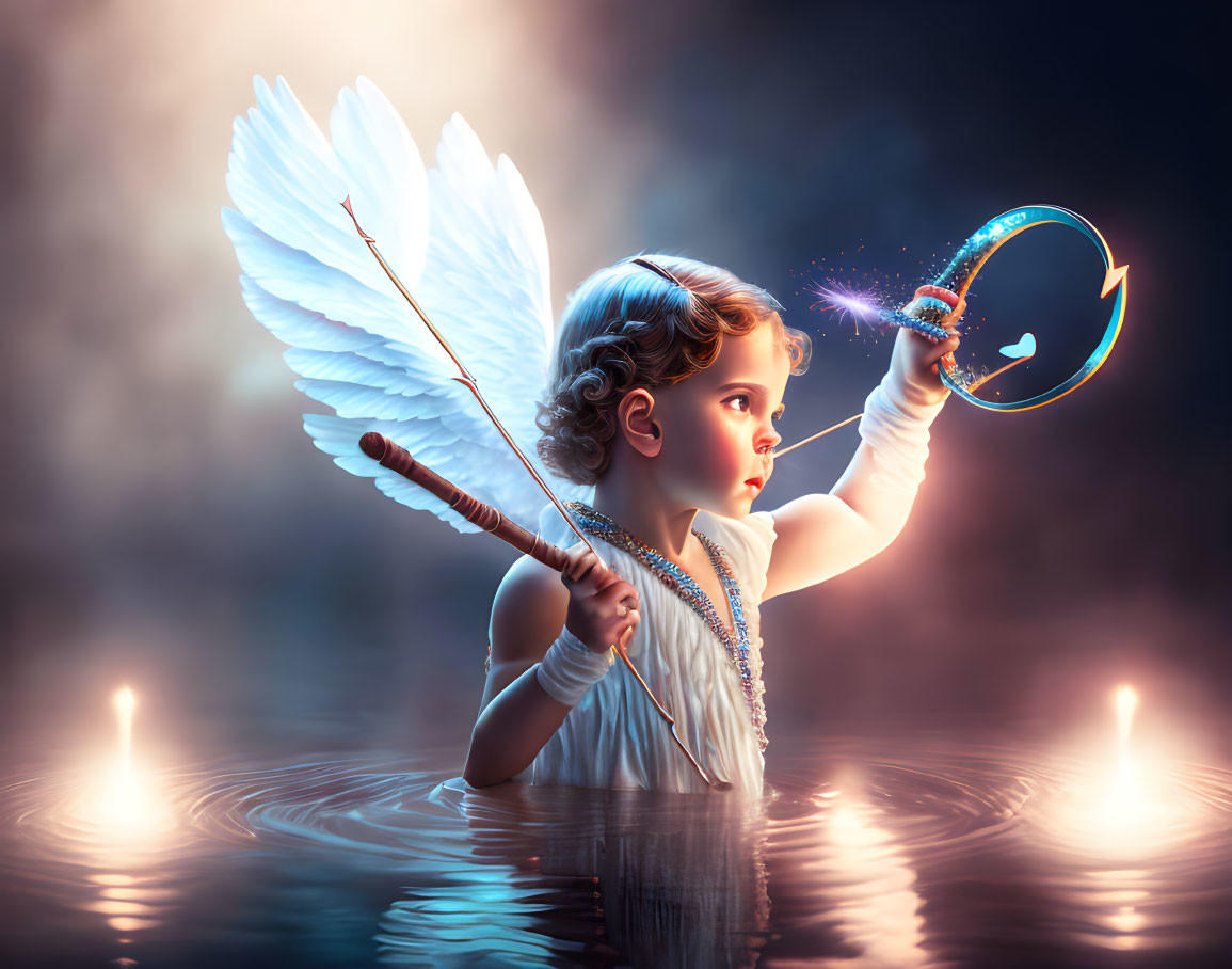 Child with angel wings in water holding glowing heart arrow surrounded by lights