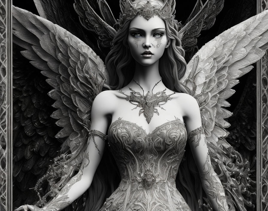 Monochrome image of intricately designed female angel statue.