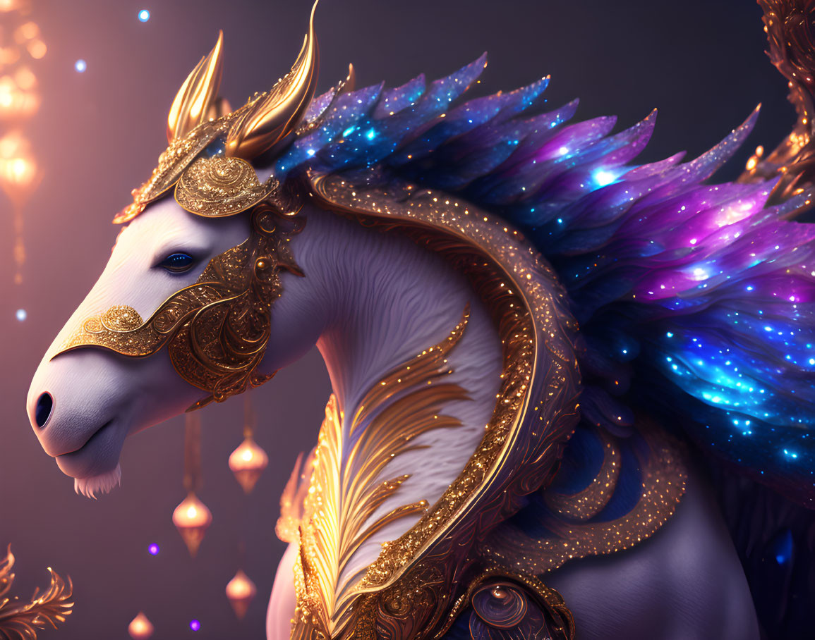 Majestic unicorn with galaxy-themed mane and gold armor against mystical backdrop